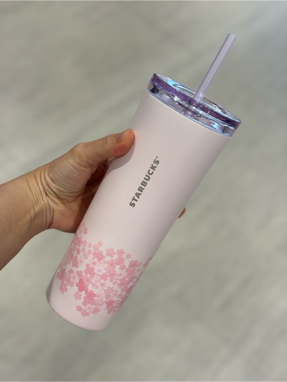Starbucks Light Pink Cherry Blossom Tumbler with Purple Lid